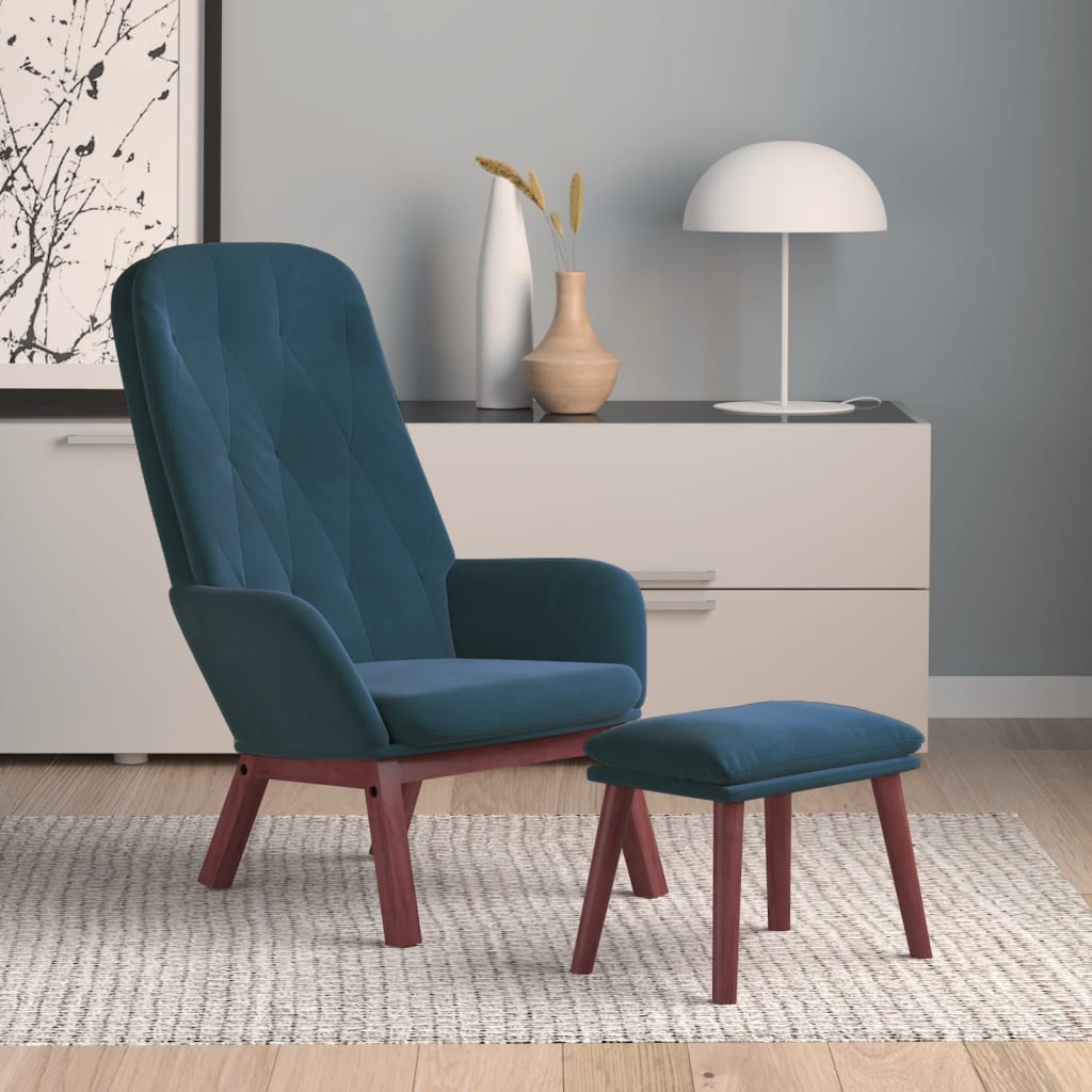 Relaxstoel met voetenbank fluweel blauw