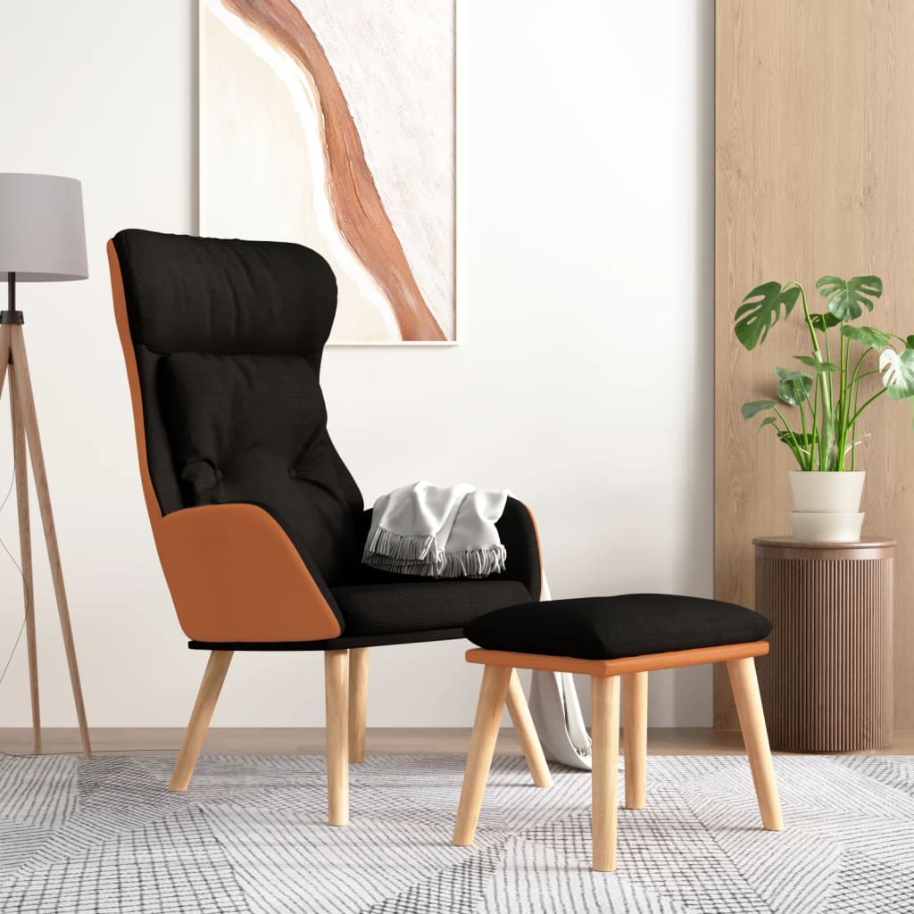 Relaxstoel met voetenbankje kunstleer en stof zwart