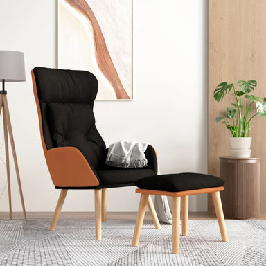 Relaxstoel met voetenbankje kunstleer en stof zwart