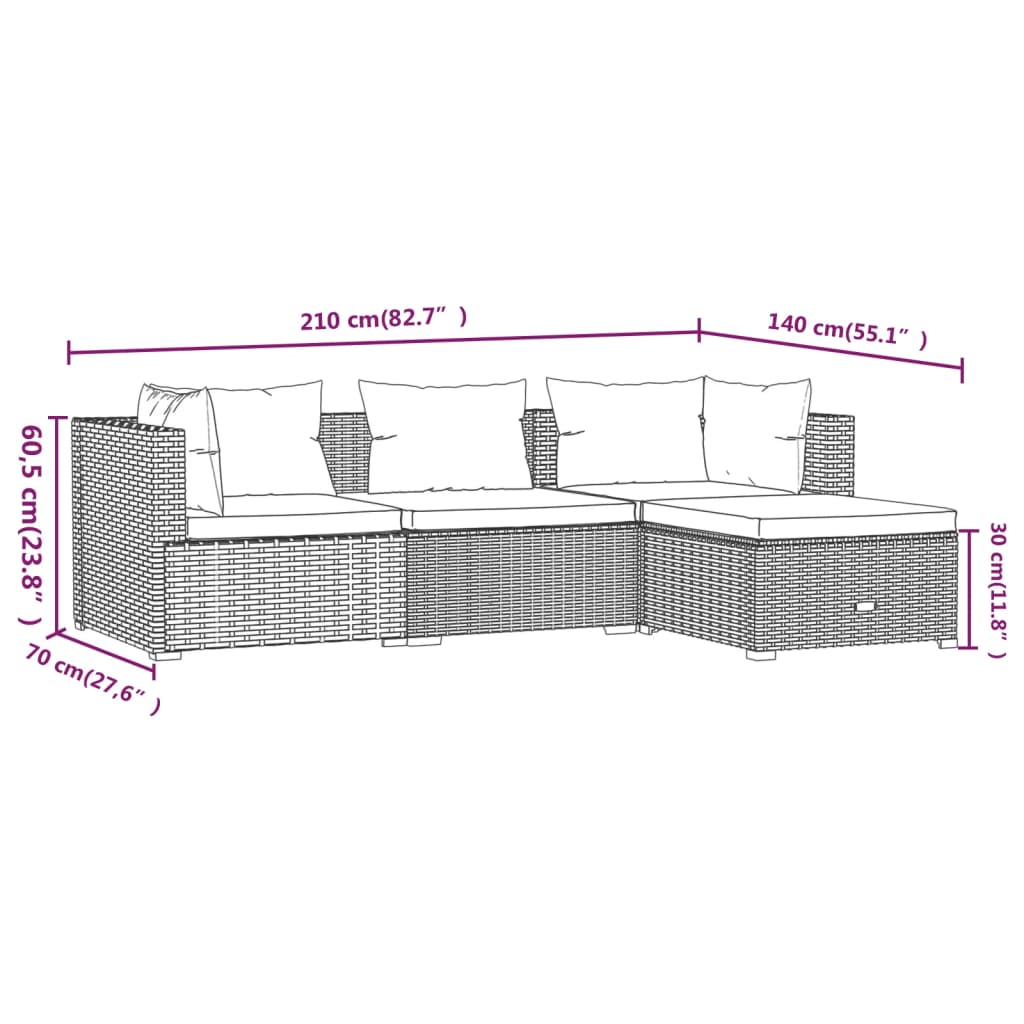 4-Delige Loungeset Met Kussens Poly Rattan Zwart 1 2x hoek + midden + voetensteun