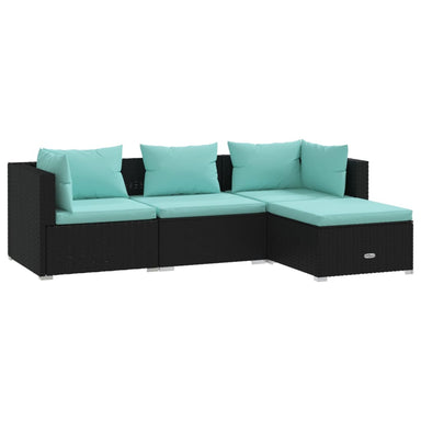 4-Delige Loungeset Met Kussens Poly Rattan Zwart 1 Zwart en waterblauw 2x hoek + midden + voetensteun