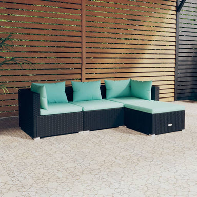 4-Delige Loungeset Met Kussens Poly Rattan Zwart 1 Zwart en waterblauw 2x hoek + midden + voetensteun
