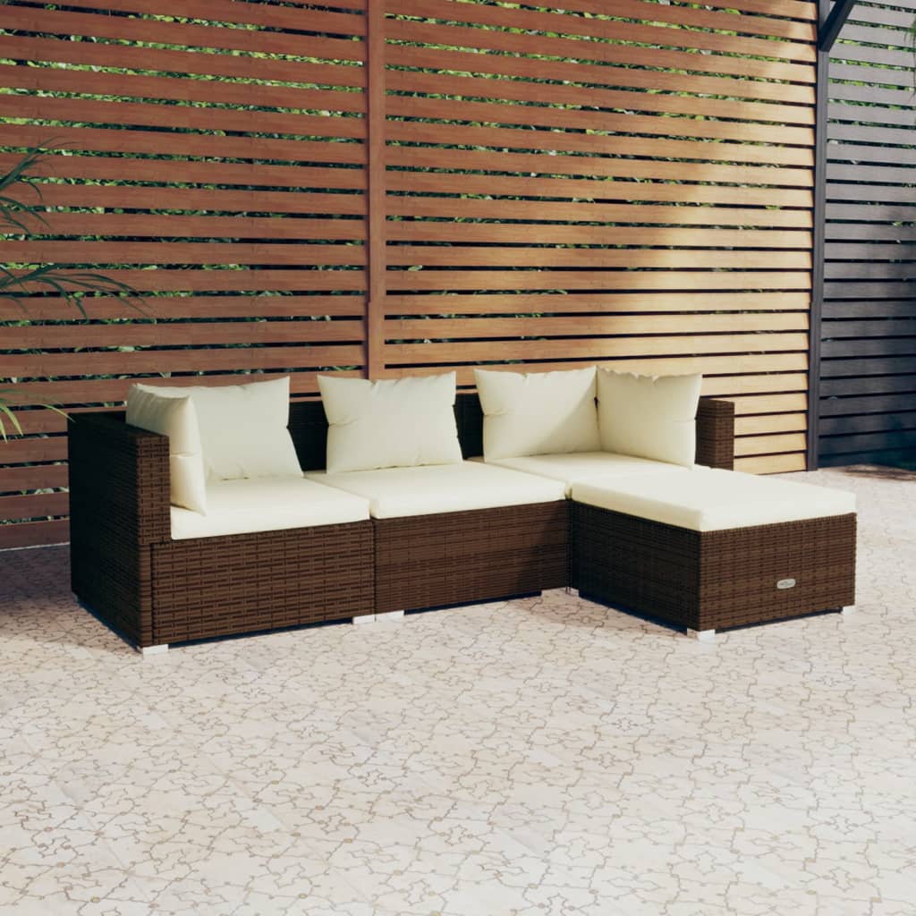 4-Delige Loungeset Met Kussens Poly Rattan Bruin 1 Bruin en crème 2x hoek + midden + voetensteun