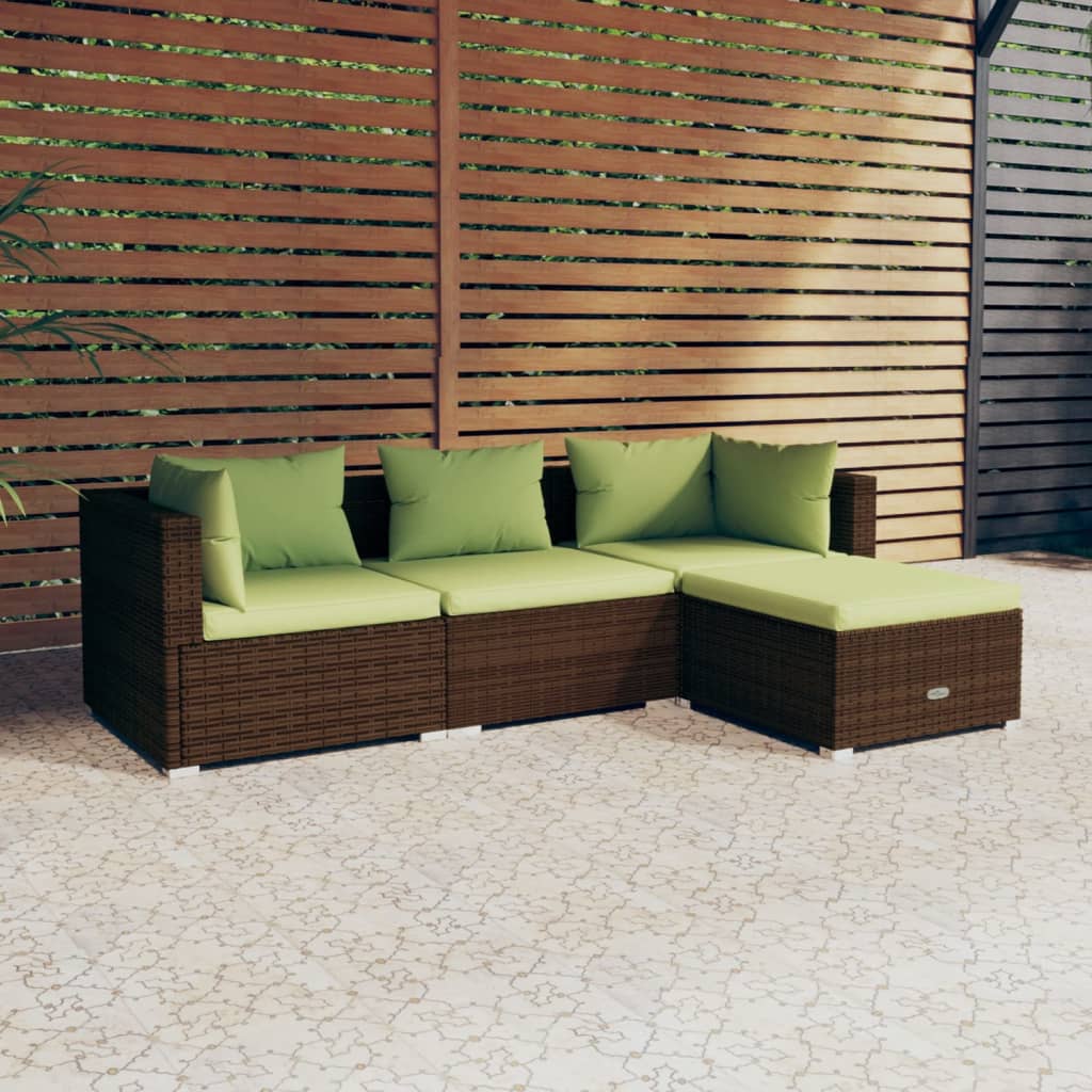 4-Delige Loungeset Met Kussens Poly Rattan Bruin 1 Bruin en groen 2x hoek + midden + voetensteun