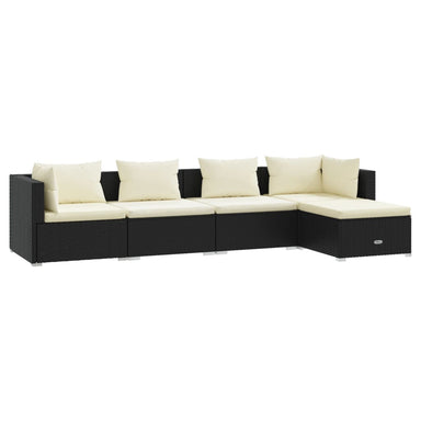 5-Delige Loungeset Met Kussens Poly Rattan Zwart 1 Zwart en crème 2x hoek + 2x midden + voetensteun