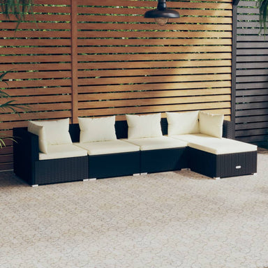 5-Delige Loungeset Met Kussens Poly Rattan Zwart 1 Zwart en crème 2x hoek + 2x midden + voetensteun