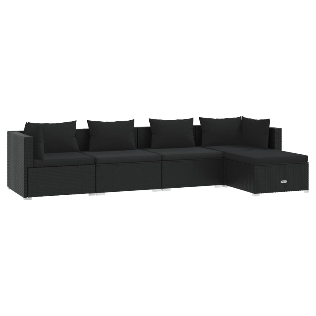 5-Delige Loungeset Met Kussens Poly Rattan Zwart 1 2x hoek + 2x midden + voetensteun