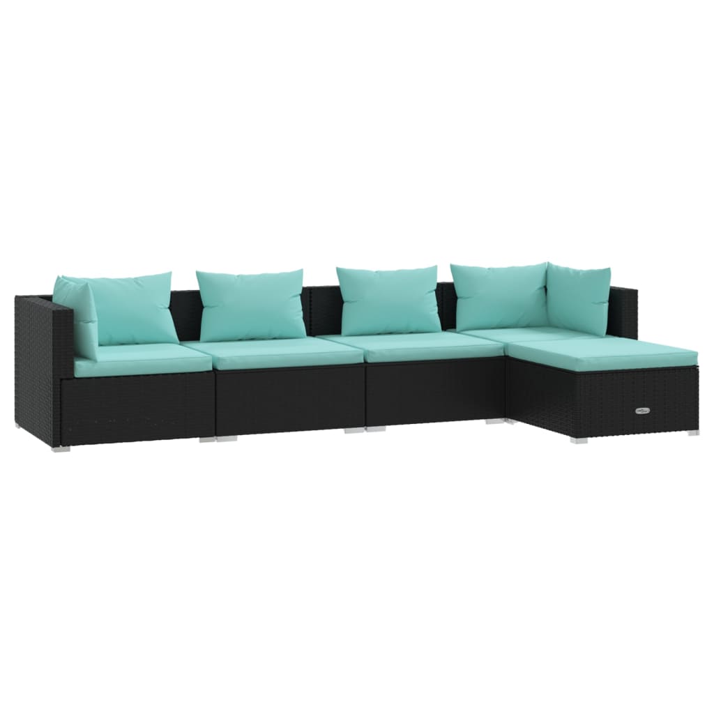 5-Delige Loungeset Met Kussens Poly Rattan Zwart 1 Zwart en waterblauw 2x hoek + 2x midden + voetensteun