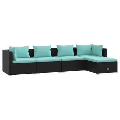 5-Delige Loungeset Met Kussens Poly Rattan Zwart 1 Zwart en waterblauw 2x hoek + 2x midden + voetensteun