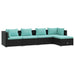 5-Delige Loungeset Met Kussens Poly Rattan Zwart 1 Zwart en waterblauw 2x hoek + 2x midden + voetensteun