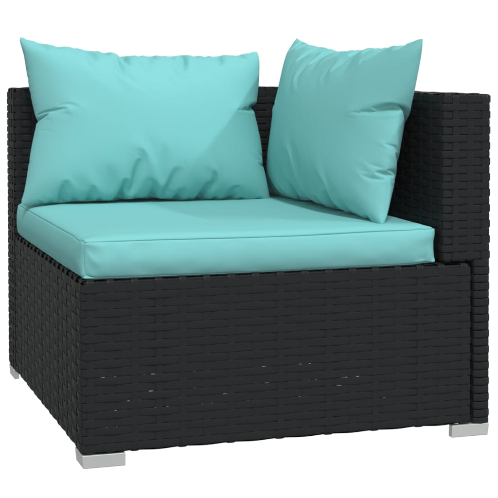 5-Delige Loungeset Met Kussens Poly Rattan Zwart 1 Zwart en waterblauw 2x hoek + 2x midden + voetensteun