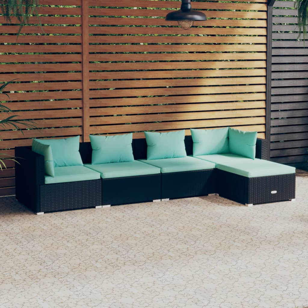 5-Delige Loungeset Met Kussens Poly Rattan Zwart 1 Zwart en waterblauw 2x hoek + 2x midden + voetensteun