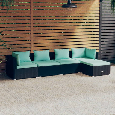 5-Delige Loungeset Met Kussens Poly Rattan Zwart 1 Zwart en waterblauw 2x hoek + 2x midden + voetensteun