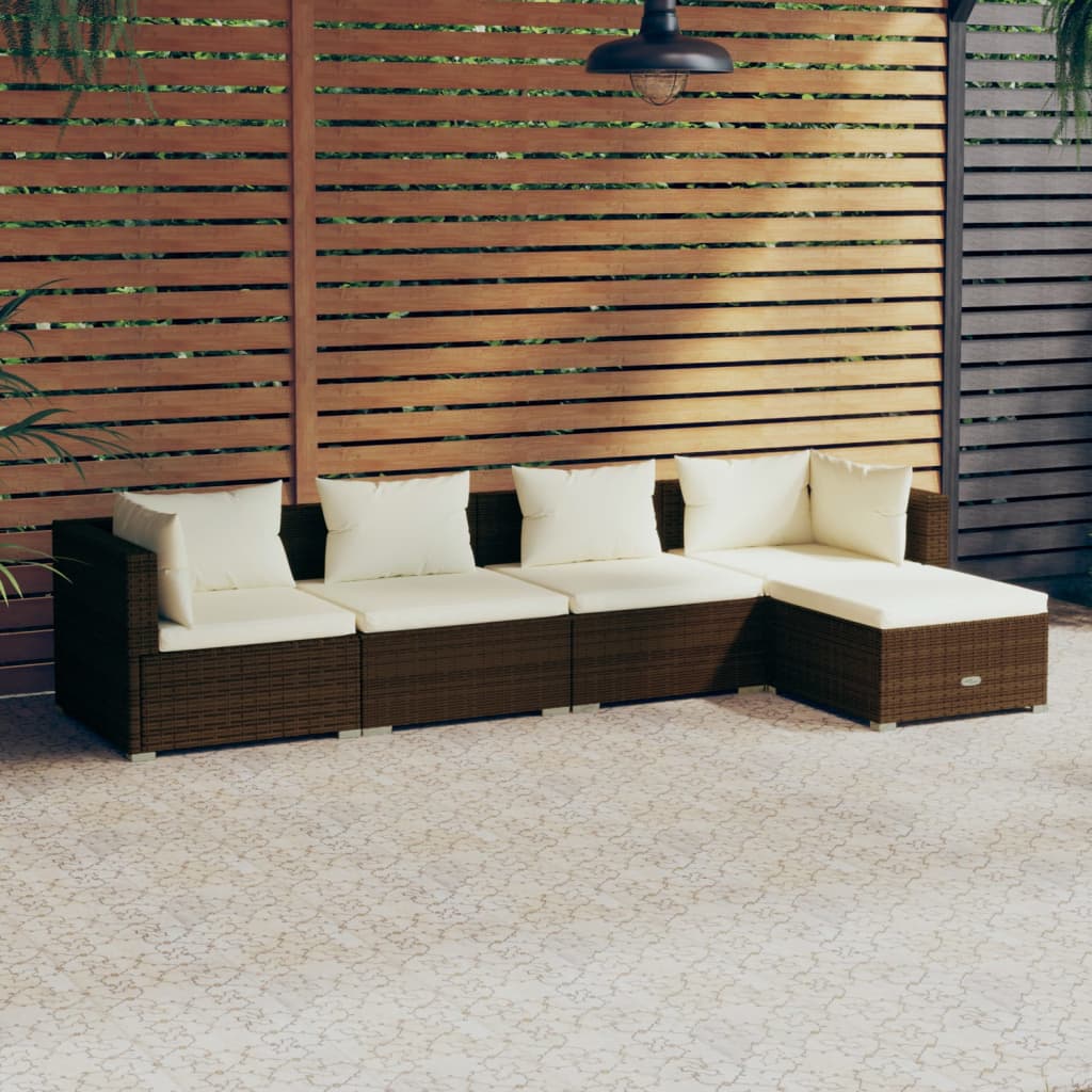 5-Delige Loungeset Met Kussens Poly Rattan Bruin 1 Bruin en crème 2x hoek + 2x midden + voetensteun