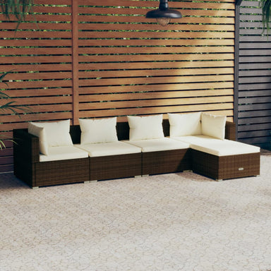5-Delige Loungeset Met Kussens Poly Rattan Bruin 1 Bruin en crème 2x hoek + 2x midden + voetensteun