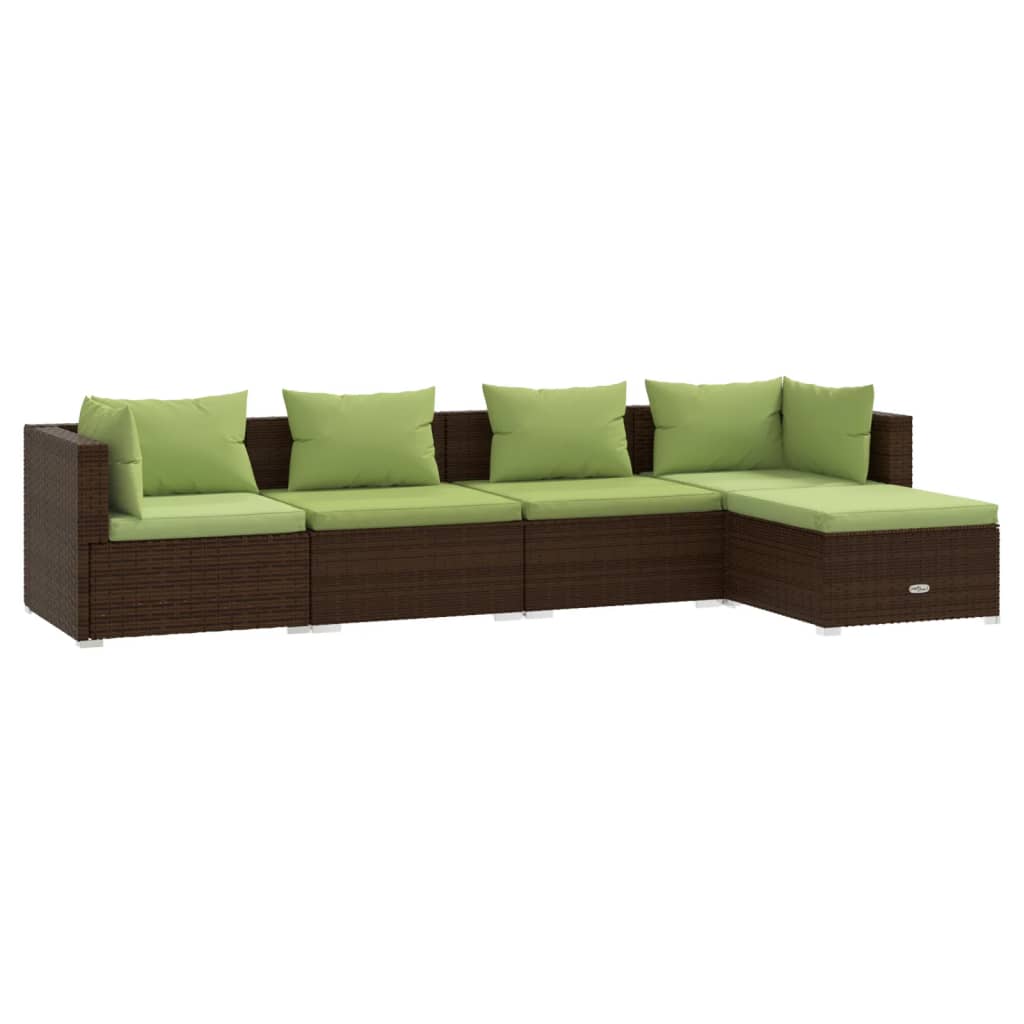 5-Delige Loungeset Met Kussens Poly Rattan Bruin 1 Bruin en groen 2x hoek + 2x midden + voetensteun