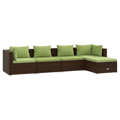 5-Delige Loungeset Met Kussens Poly Rattan Bruin 1 Bruin en groen 2x hoek + 2x midden + voetensteun