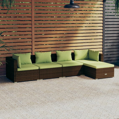 5-Delige Loungeset Met Kussens Poly Rattan Bruin 1 Bruin en groen 2x hoek + 2x midden + voetensteun