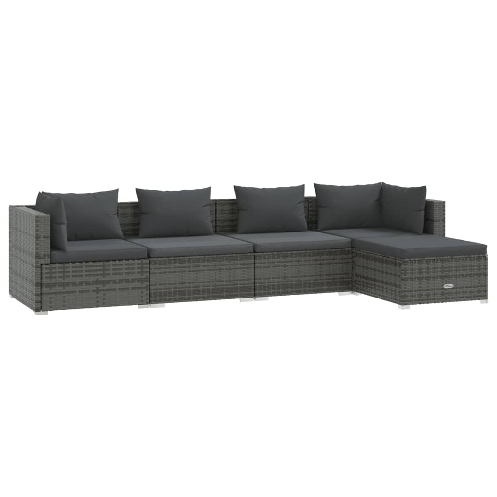 5-Delige Loungeset Met Kussens Poly Rattan Grijs 1 Grijs en antraciet 2x hoek + 2x midden + voetensteun