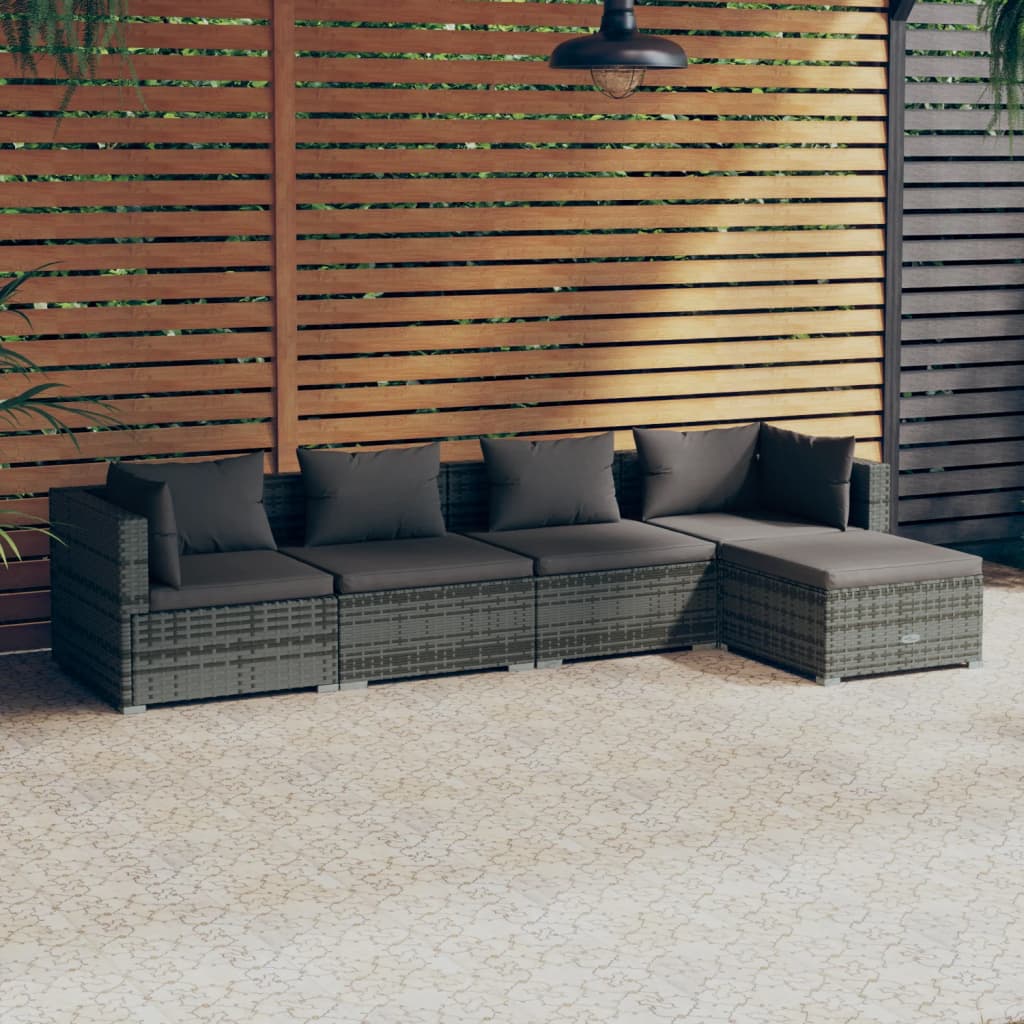 5-Delige Loungeset Met Kussens Poly Rattan Grijs 1 Grijs en antraciet 2x hoek + 2x midden + voetensteun