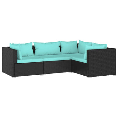 4-Delige Loungeset Met Kussens Poly Rattan Zwart 1 Zwart en waterblauw 3x hoek + midden