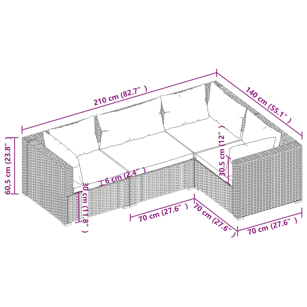 4-Delige Loungeset Met Kussens Poly Rattan Zwart 1 Zwart en waterblauw 3x hoek + midden