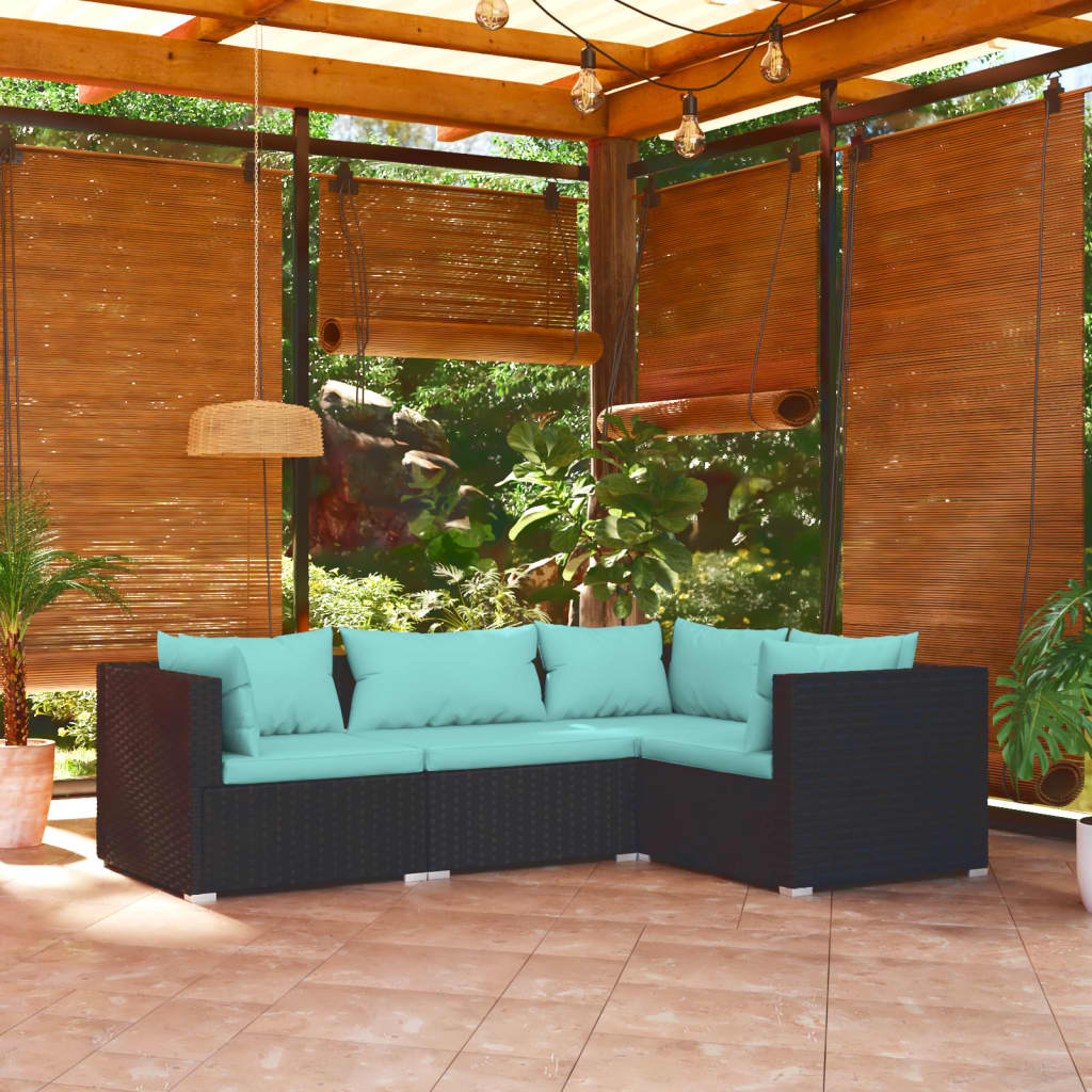 4-Delige Loungeset Met Kussens Poly Rattan Zwart 1 Zwart en waterblauw 3x hoek + midden