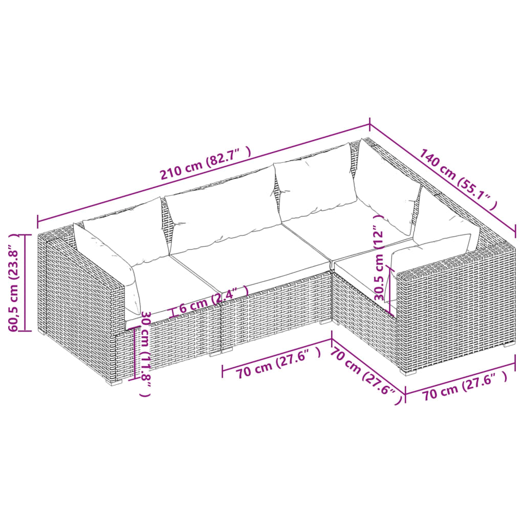 4-Delige Loungeset Met Kussens Poly Rattan Bruin 1 Bruin en crème 3x hoek + midden