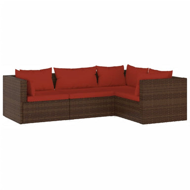 4-Delige Loungeset Met Kussens Poly Rattan Bruin 1 Bruin en kaneelrood 3x hoek + midden