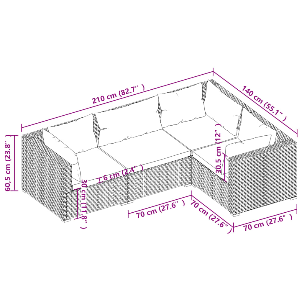 4-Delige Loungeset Met Kussens Poly Rattan Bruin 1 Bruin en kaneelrood 3x hoek + midden