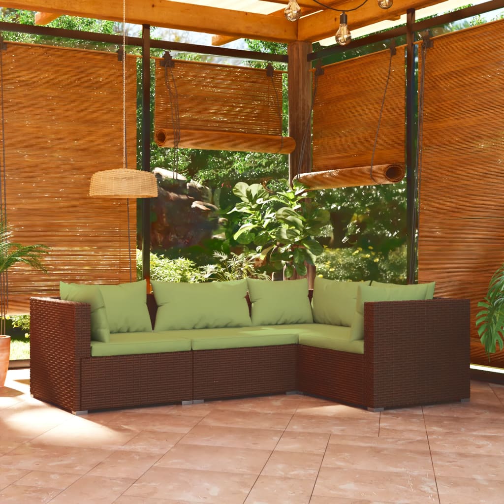 4-Delige Loungeset Met Kussens Poly Rattan Bruin 1 Bruin en groen 3x hoek + midden