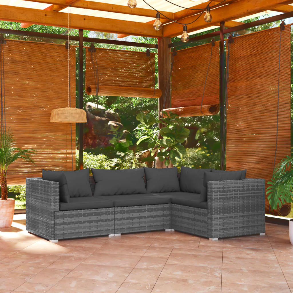4-Delige Loungeset Met Kussens Poly Rattan Grijs 1 Grijs en antraciet 3x hoek + midden