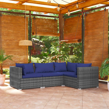 4-Delige Loungeset Met Kussens Poly Rattan Grijs 1 Grijs en donkerblauw 3x hoek + midden