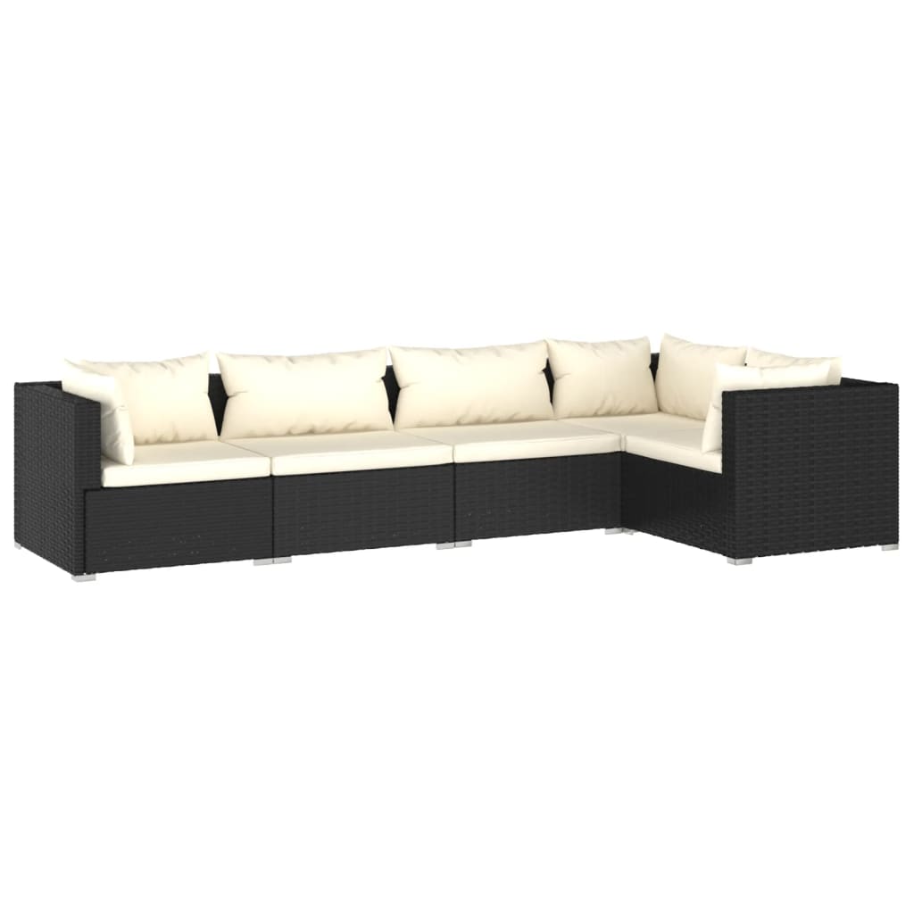5-Delige Loungeset Met Kussens Poly Rattan Zwart 1 Zwart en crème 3x hoek + 2x midden