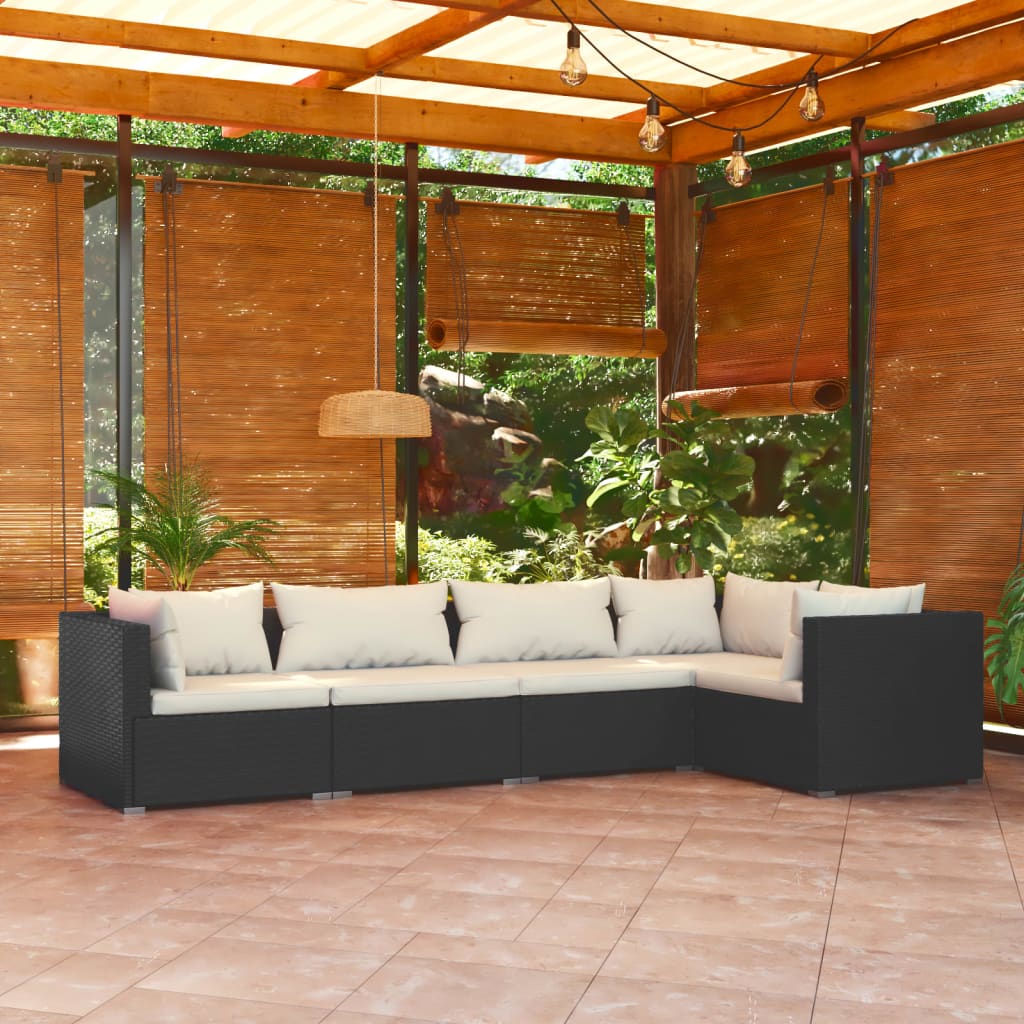 5-Delige Loungeset Met Kussens Poly Rattan Zwart 1 Zwart en crème 3x hoek + 2x midden