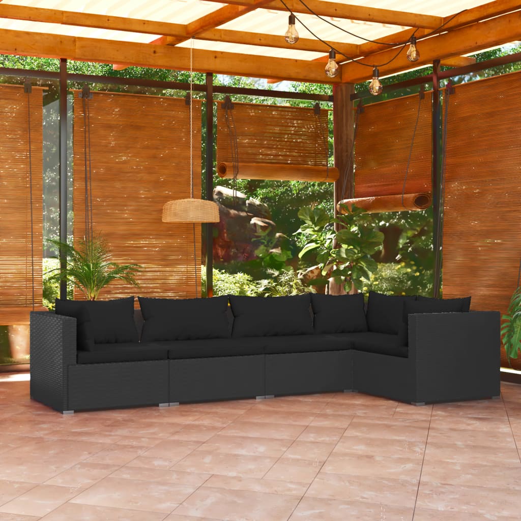 5-Delige Loungeset Met Kussens Poly Rattan Zwart 1 3x hoek + 2x midden