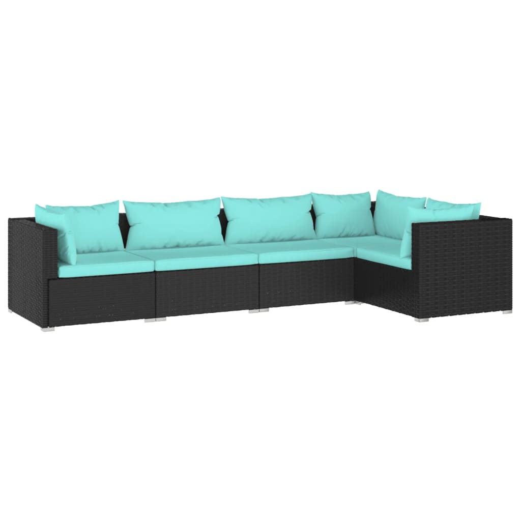 5-Delige Loungeset Met Kussens Poly Rattan Zwart 1 Zwart en waterblauw 3x hoek + 2x midden