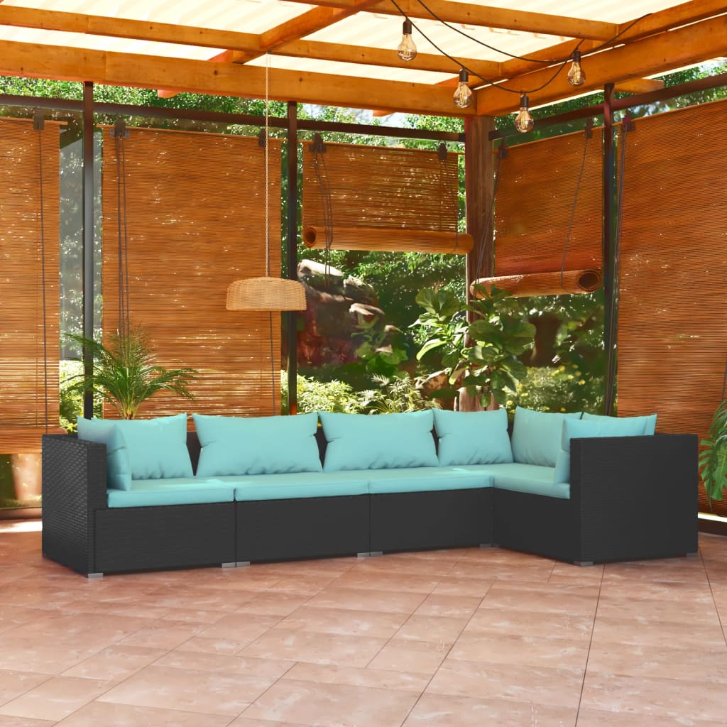 5-Delige Loungeset Met Kussens Poly Rattan Zwart 1 Zwart en waterblauw 3x hoek + 2x midden
