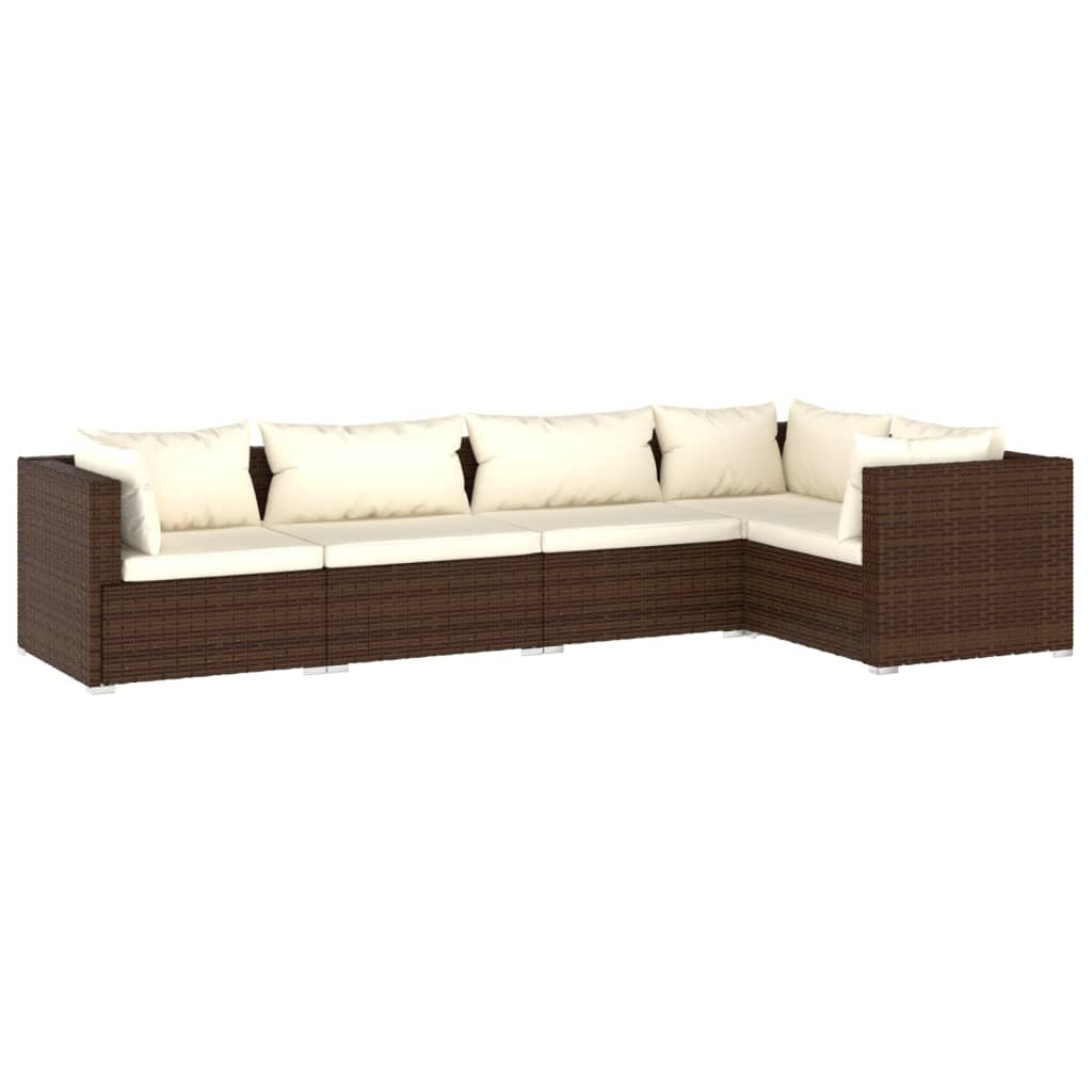 5-Delige Loungeset Met Kussens Poly Rattan Bruin 1 Bruin en crème 3x hoek + 2x midden