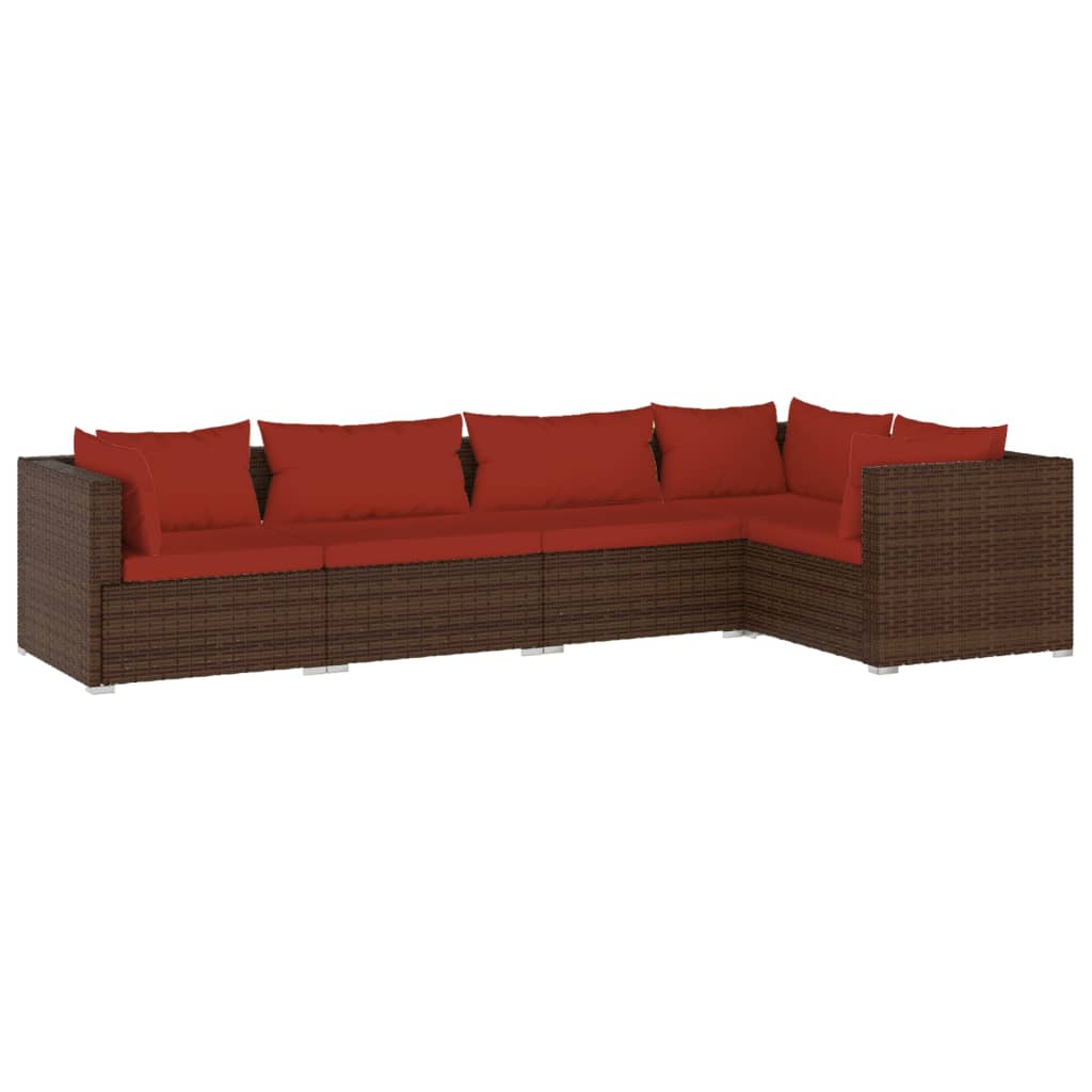 5-Delige Loungeset Met Kussens Poly Rattan Bruin 1 Bruin en kaneelrood 3x hoek + 2x midden