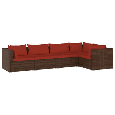 5-Delige Loungeset Met Kussens Poly Rattan Bruin 1 Bruin en kaneelrood 3x hoek + 2x midden
