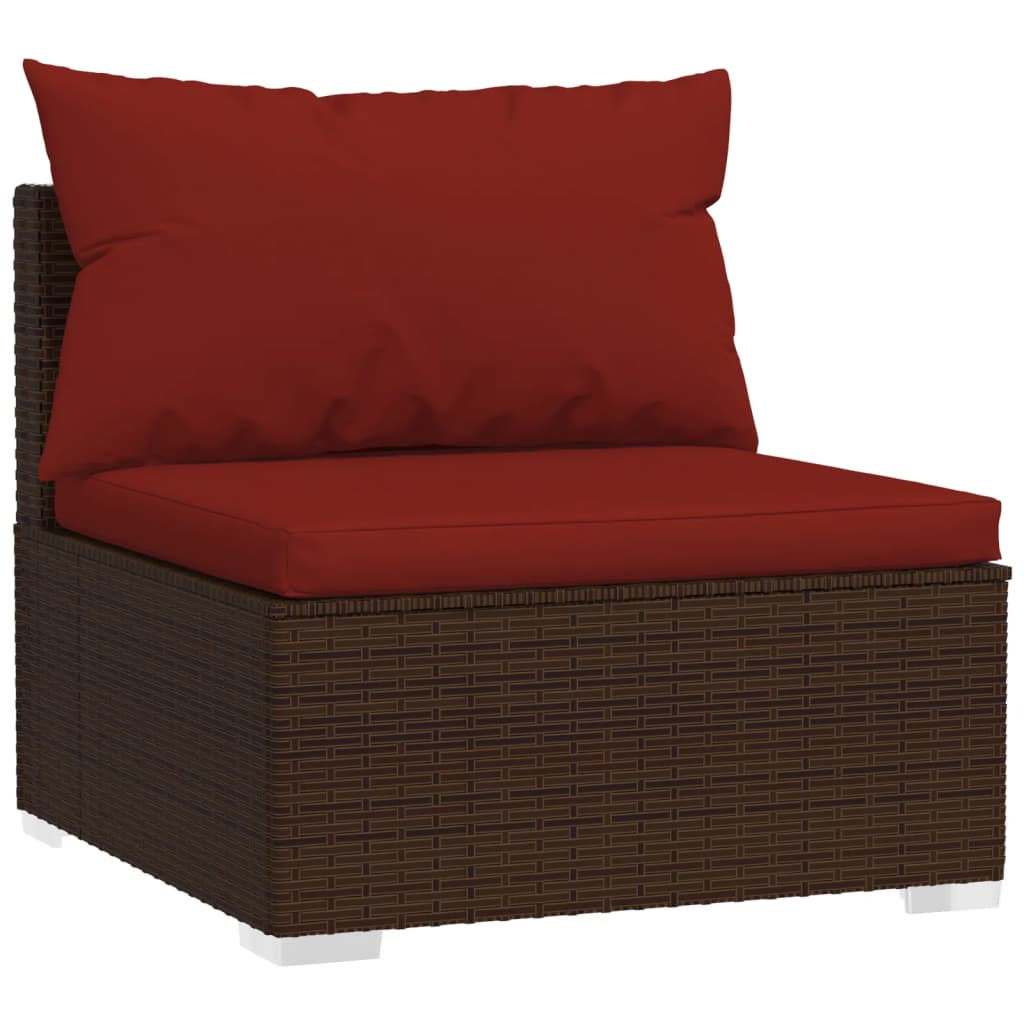 5-Delige Loungeset Met Kussens Poly Rattan Bruin 1 Bruin en kaneelrood 3x hoek + 2x midden