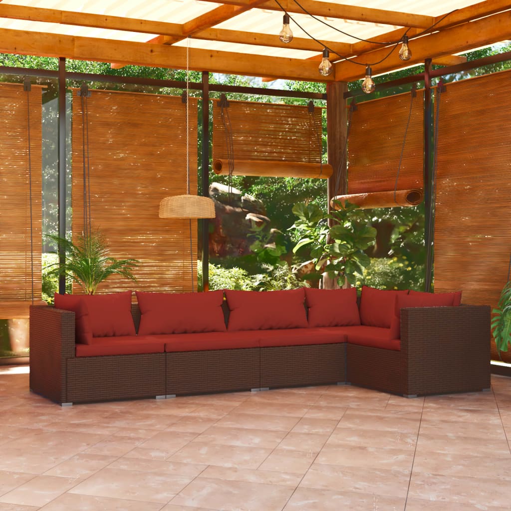 5-Delige Loungeset Met Kussens Poly Rattan Bruin 1 Bruin en kaneelrood 3x hoek + 2x midden