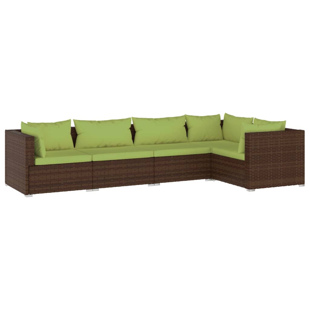 5-Delige Loungeset Met Kussens Poly Rattan Bruin 1 Bruin en groen 3x hoek + 2x midden