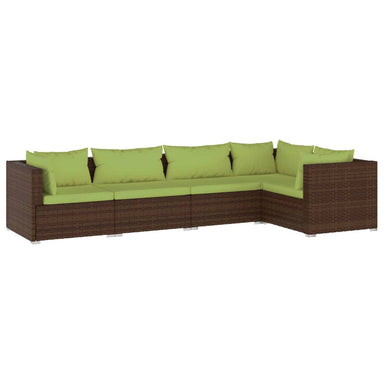 5-Delige Loungeset Met Kussens Poly Rattan Bruin 1 Bruin en groen 3x hoek + 2x midden