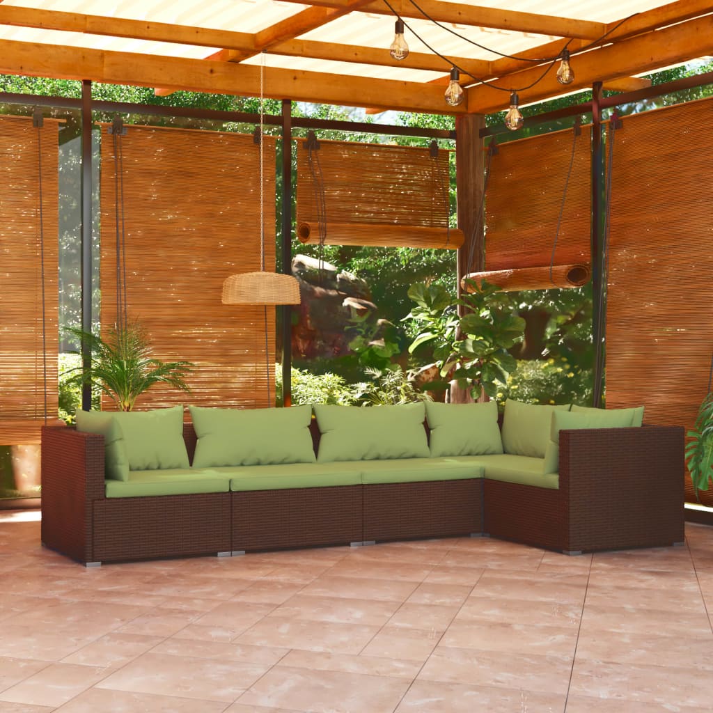 5-Delige Loungeset Met Kussens Poly Rattan Bruin 1 Bruin en groen 3x hoek + 2x midden