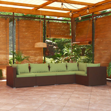 5-Delige Loungeset Met Kussens Poly Rattan Bruin 1 Bruin en groen 3x hoek + 2x midden