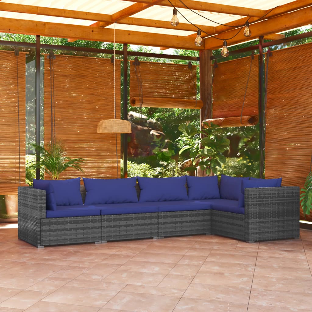 5-Delige Loungeset Met Kussens Poly Rattan Grijs 1 Grijs en donkerblauw 3x hoek + 2x midden