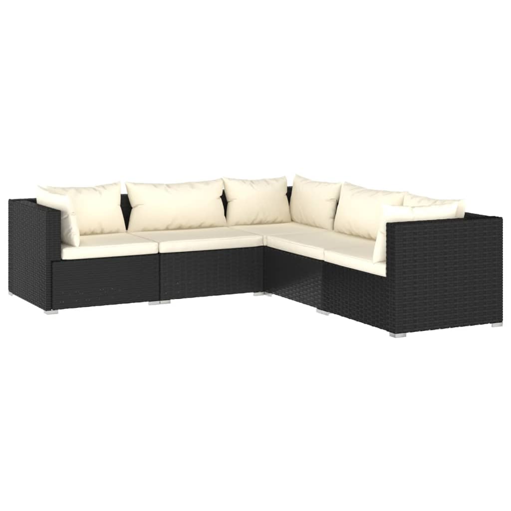 5-Delige Loungeset Met Kussens Poly Rattan Zwart 1 Zwart en crème 2x midden + 3x hoek