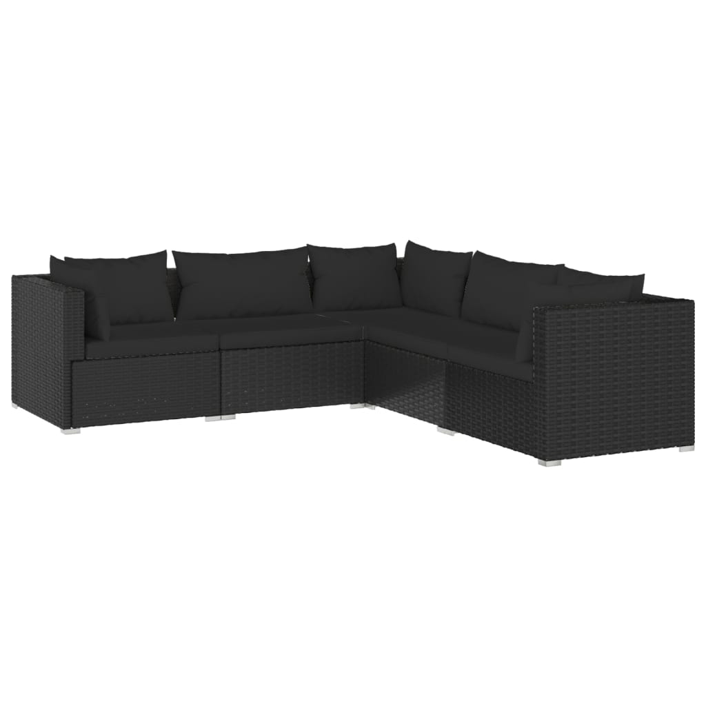 5-Delige Loungeset Met Kussens Poly Rattan Zwart 1 2x midden + 3x hoek